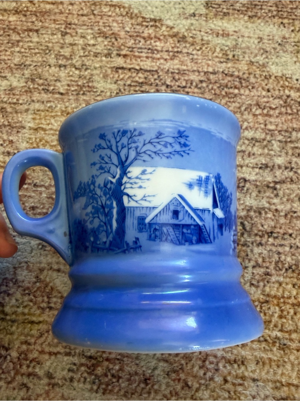 Vintage Blue & White Currier & Ives The Farmers Home in the Winter Shaving Mug - Picture 2 of 5